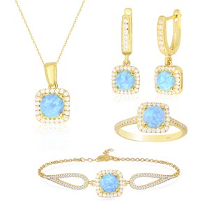 925 Ayar Gümüş Opal Taş Kare Pırlanta Modeli Takı Seti