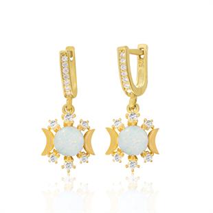 925 Ayar Gümüş Opal Taşlı Güneş Ay ve Yıldız Tasarım Küpe