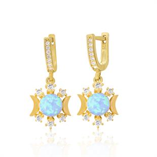 925 Ayar Gümüş Opal Taşlı Güneş Ay ve Yıldız Tasarım Küpe