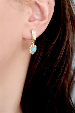 925 Ayar Gümüş Opal Taşlı Güneş Ay ve Yıldız Tasarım Küpe