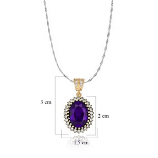 925 Ayar Gümüş Otantik Ametist Oval Taşlı Hürrem Kolye