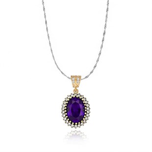 925 Ayar Gümüş Otantik Ametist Oval Taşlı Hürrem Kolye