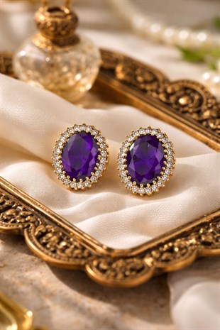925 Ayar Gümüş Otantik Ametist Oval Taşlı Hürrem Sultan Küpe