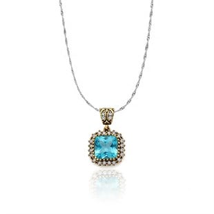 925 Ayar Gümüş Otantik Aqua Kare Ice Cut Taşlı Hürrem Kolye