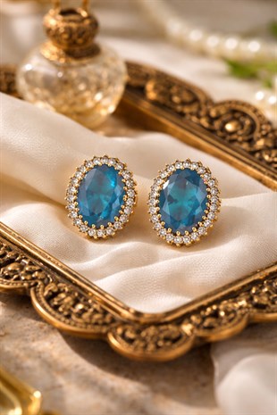 925 Ayar Gümüş Otantik Aqua Oval Taşlı Hürrem Sultan Küpe
