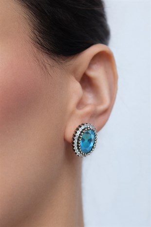 925 Ayar Gümüş Otantik Aqua Oval Taşlı Hürrem Sultan Küpe