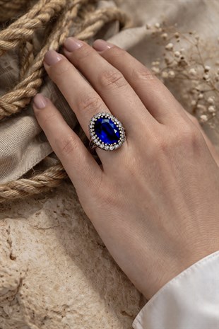 925 Ayar Gümüş Otantik Oval Safir Mavi Taşlı Hürrem Yüzük
