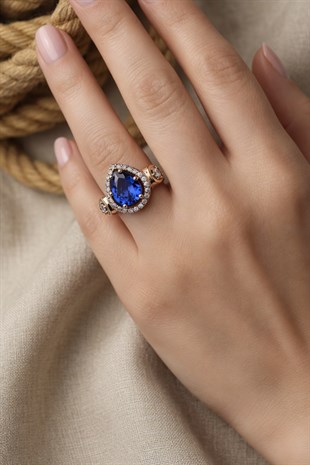 925 Ayar Gümüş Otantik Safir Mavi Damla Taşlı Yüzük