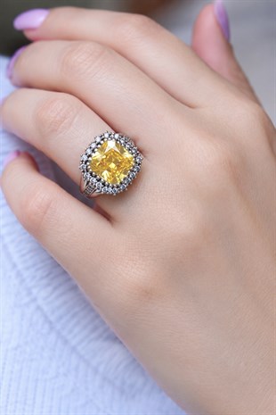 925 Ayar Gümüş Otantik Sitrin Kare Ice Cut Taşlı Hürrem Yüzük
