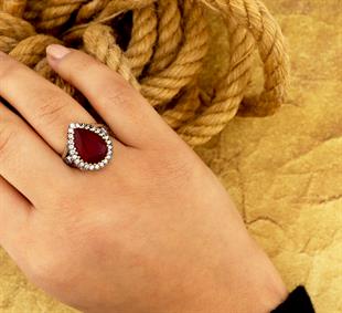 925 Ayar Gümüş Otantik Yakut Damla Taşlı Hürrem Yüzük