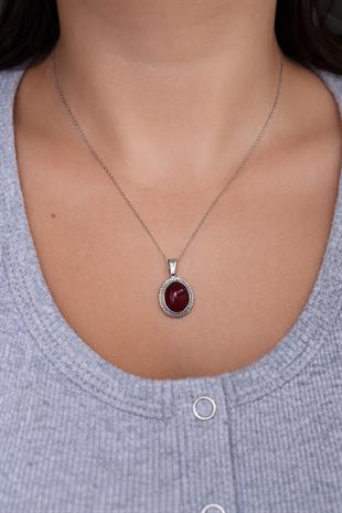 925 Ayar Gümüş Oval Akik Taşlı Kolye