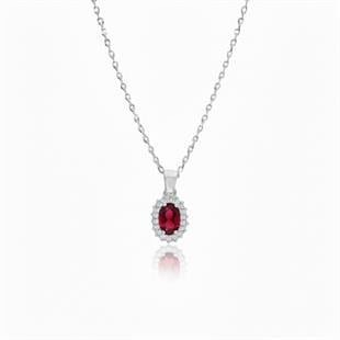 925 Ayar Gümüş Oval Kırmızı Taşlı Anturaj  Kolye