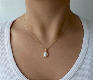 925 Ayar Gümüş Oval Opal Taşlı Kolye