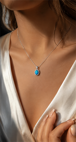 925 Ayar Gümüş Oval Opal Taşlı Kolye