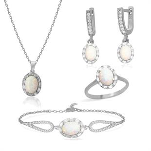 925 Ayar Gümüş Oval Opal Taşlı Takı Seti