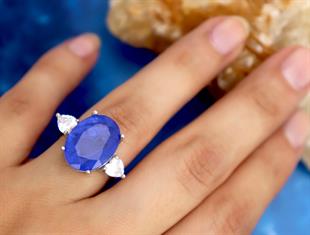 925 Ayar Gümüş Oval Paraiba Turmalin Kalp Detaylı Yüzük