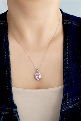 925 Ayar Gümüş Oval Pembe Quartz Taşlı Kolye
