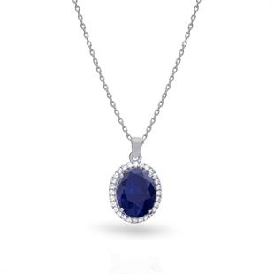 925 Ayar Gümüş Oval Safir Taşlı Kolye