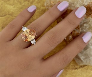 925 Ayar Gümüş Oval Şampanya Kalp Detaylı Yüzük