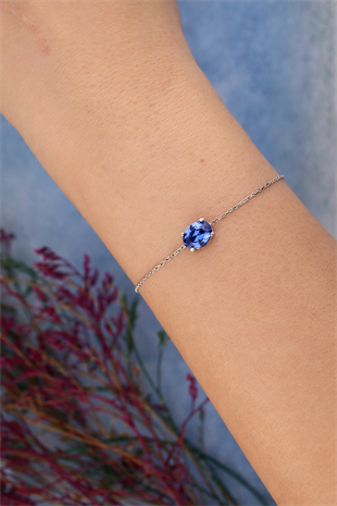 925 Ayar Gümüş Oval Tanzanit Taşlı Minimalist Bileklik