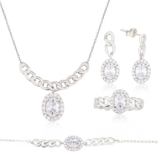 925 Ayar Gümüş Oval Taş Takı Seti Zincir Detay