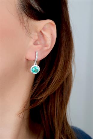 925 Ayar Gümüş Paraiba Yuvarlak Taşlı Küpe