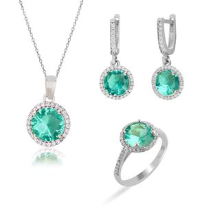925 Ayar Gümüş Paraiba Yuvarlak Taşlı Takı Seti