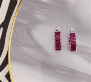 925 Ayar Gümüş Pembe Baget Taşlı Halka Küpe