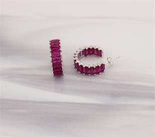 925 Ayar Gümüş Pembe Baget Taşlı Halka Küpe