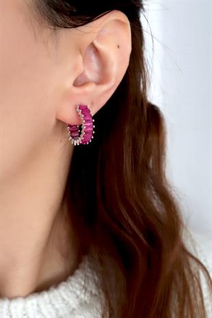 925 Ayar Gümüş Pembe Baget Taşlı Halka Küpe