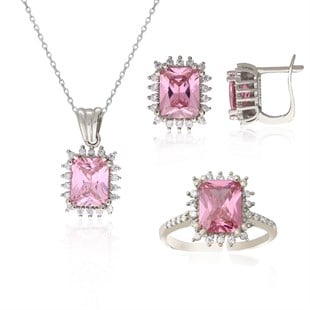 925 Ayar Gümüş Pembe Baget Taşlı Takı Seti