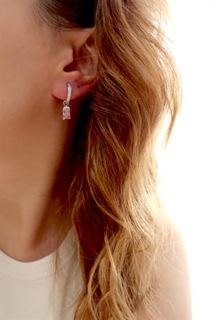 925 Ayar Gümüş Pembe Baget Taşlı Trend Küpe