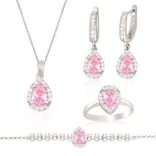 925 Ayar Gümüş Pembe Damla Taş Takı Seti