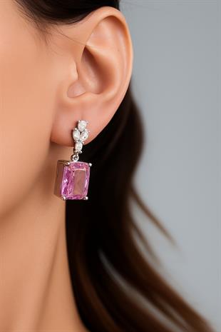 925 Ayar Gümüş Pembe Elmas Kesim Baget Küpe