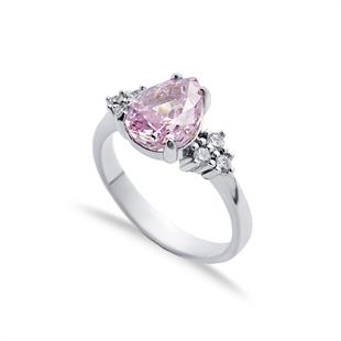 925 Ayar Gümüş Pembe Elmas Kesim Damla Taşlı Yüzük