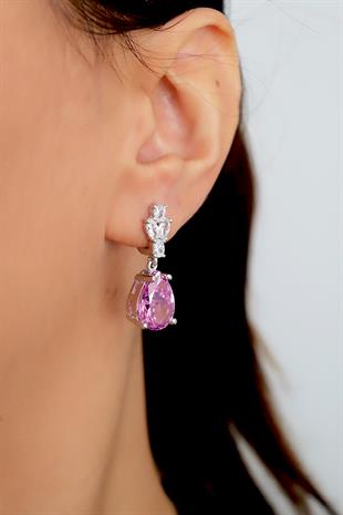 925 Ayar Gümüş Pembe Elmas Kesim Damla Küpe