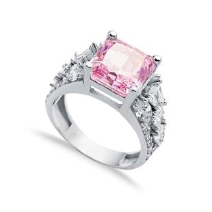 925 Ayar Gümüş Pembe Elmas Kesim Kare Taşlı Yüzük