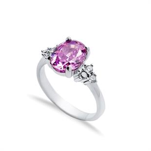 925 Ayar Gümüş Pembe Elmas Kesim Oval Taşlı Yüzük