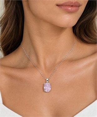 925 Ayar Gümüş Pembe Ice Cut Oval Taş Kolye