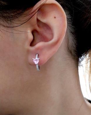 925 Ayar Gümüş Pembe Kalp Detaylı Halka Küpe
