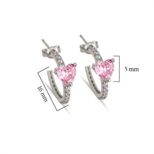 925 Ayar Gümüş Pembe Kalp Detaylı Halka Küpe