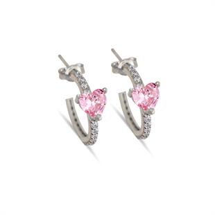 925 Ayar Gümüş Pembe Kalp Detaylı Halka Küpe