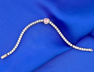 925 Ayar Gümüş Pembe Kalp Detaylı Su Yolu Gümüş Bileklik