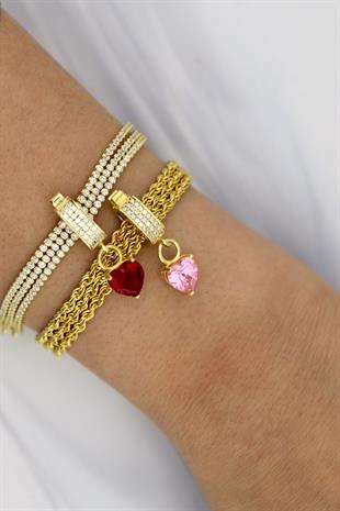 925 Ayar Gümüş Pembe Kalp Taşlı Charm