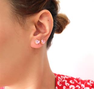 925 Ayar Gümüş Pembe Kalp Taşlı Küpe