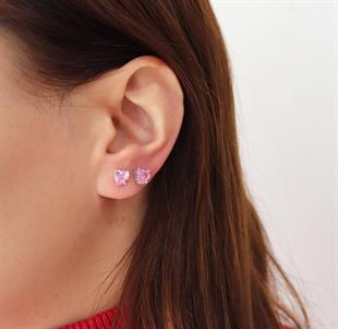 925 Ayar Gümüş Pembe Kalp Taşlı Küpe