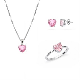 925 Ayar Gümüş Pembe Kalp Taşlı Takı Seti