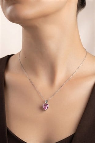 925 Ayar Gümüş Pembe Kalp Taşlı Takı Seti