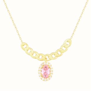 925 Ayar Gümüş Pembe Oval Taş Takı Seti Zincir Detay