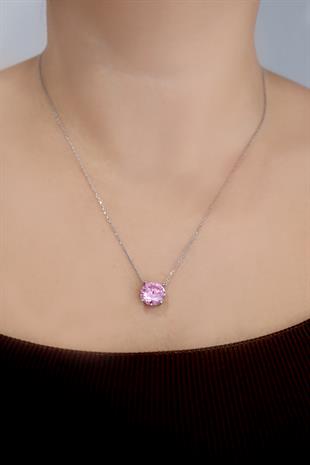 925 Ayar Gümüş Pembe Kuvars Taşlı Kolye